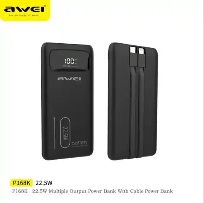 Awei P168K 10000mAh 22.5W Power Bank Fast Charging with LCD Display and Built-in Cables